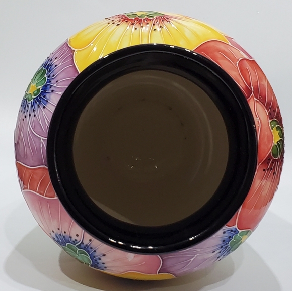 11 3/4" Bold Cloisonné Styl Asian Poppies Dramic Black + Floral Ceramic Art Vase - Picture 6 of 15